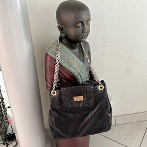 Chanel black leather chain large drill tote bag